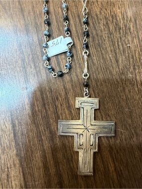 Virgins Saints & Angels Gold Cross Pendant Necklace with Black Beaded Chain